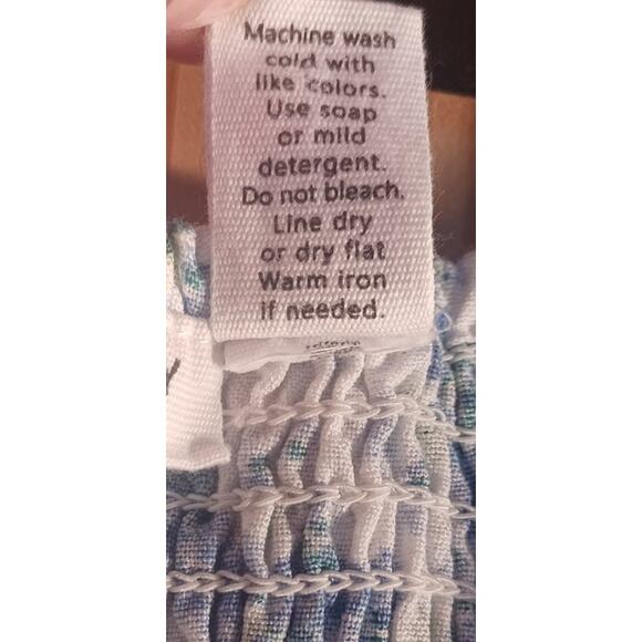 Midnight Sky Baby Doll Smocked Floral Blue White Top Linen Blend Women's Large - Picture 6 of 6